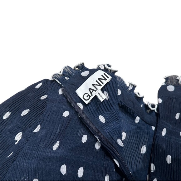 GANNI Pleated Georgette Blouse In Navy Polka Dot Size 34 - Picture 5 of 7